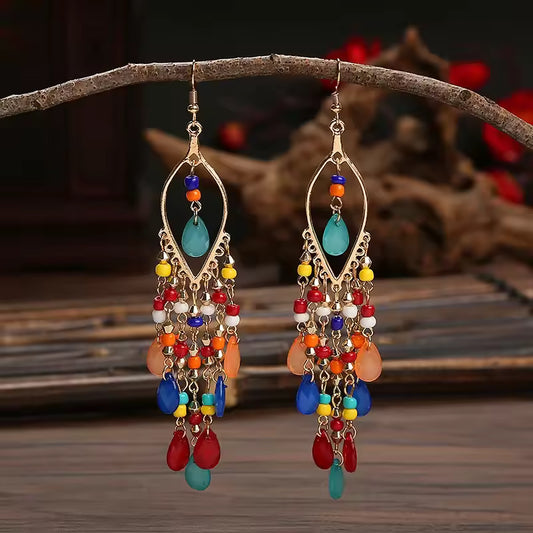 Ethnic Seed Beads Long Earrings